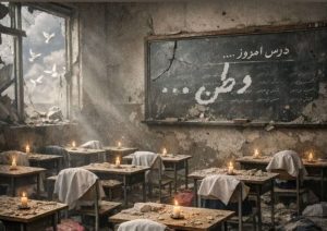 تصویری از یک کلاس درس کودکان و دختران میناب که تخریب شده بر اساس انفجار موشک های امریکا و اسرائیل در تجاوز به ایران که نشان دهنده کلمه وطن است