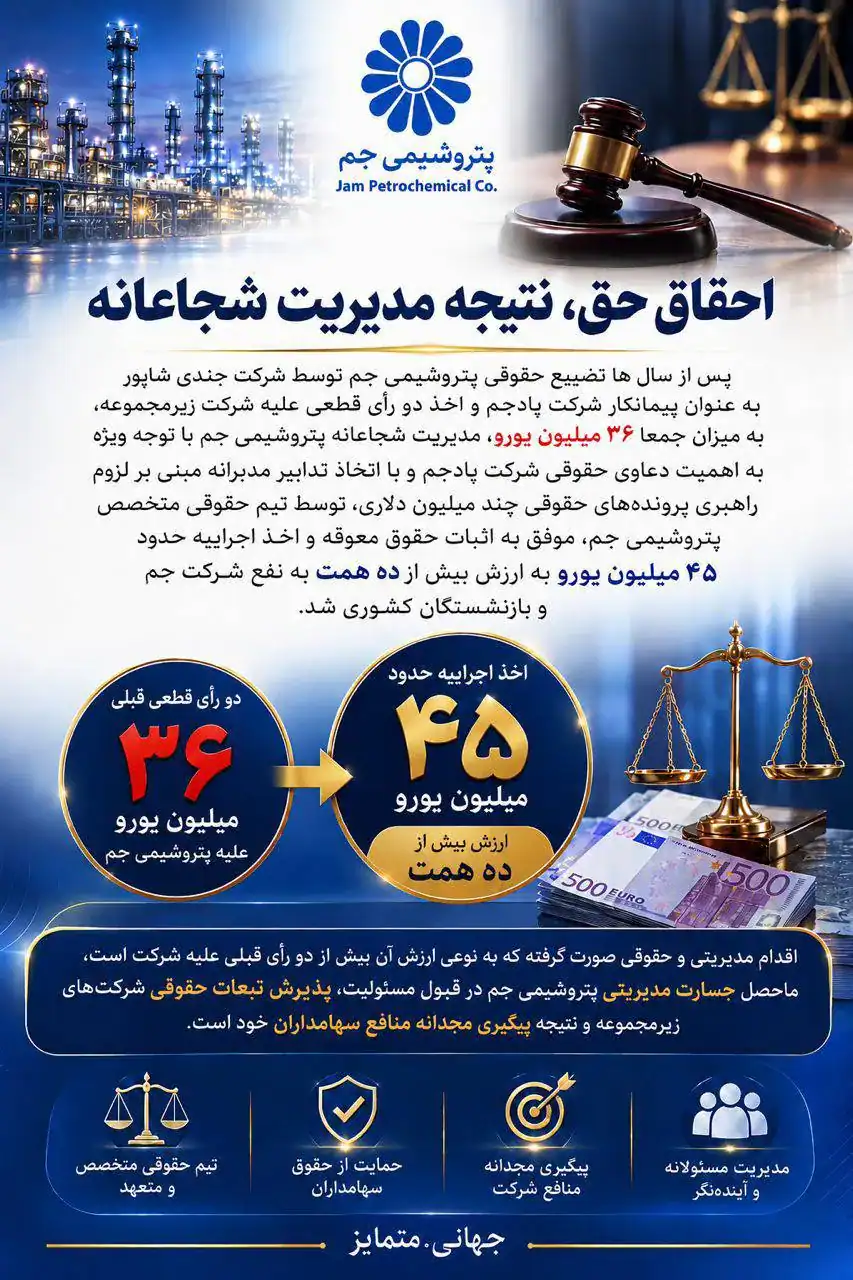 جلسه تیم حقوقی پتروشیمی جم برای احیای حقوق ۴۵ میلیون یورویی شرکت پادجم در پرونده جندیشاپور